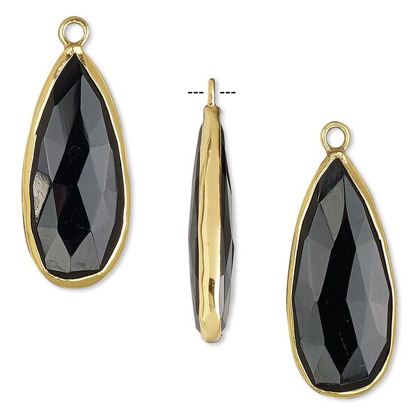 Drop, black onyx (dyed) and gold-finished sterling silver, 27x12mm double-sided faceted teardrop. Sold per pkg of 2. image number 0