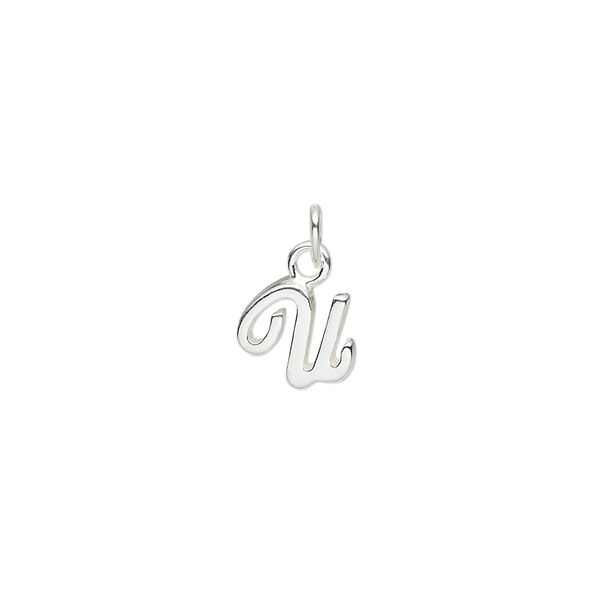Charm, sterling silver, 9x8mm Champagne cursive alphabet letter "U." Sold individually. image number 0