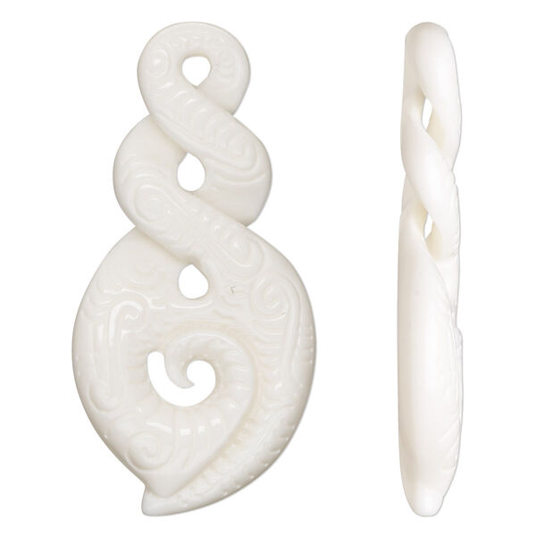 Focal, bone (bleached), white, 49x24mm hand-carved single-sided infinity with fancy design, Mohs hardness 2-1/2. Sold individually. image number 0