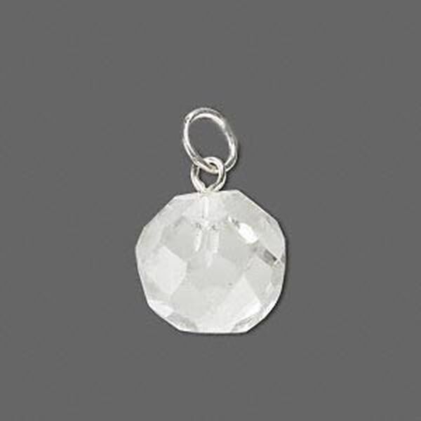 Drop, quartz crystal (natural) and silver-plated brass, 14-16mm faceted round with 6mm jump ring. Sold individually. image number 0