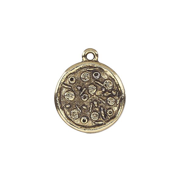 Charm, antique gold-plated pewter (tin-based alloy), 17mm single-sided pizza. Sold per pkg of 2. image number 0