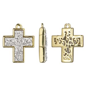 Drop, Druzylite™, "druzy" (resin) and gold-finished brass, silver, 18x16mm two-sided cross with open filigree back. Sold per pkg of 4.