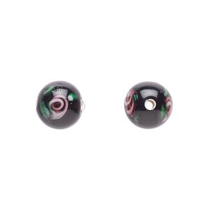 Bead, Czech lampworked glass, opaque black / green / pink, 8-9mm round with reverse-painted flowers. Sold per pkg of 6.