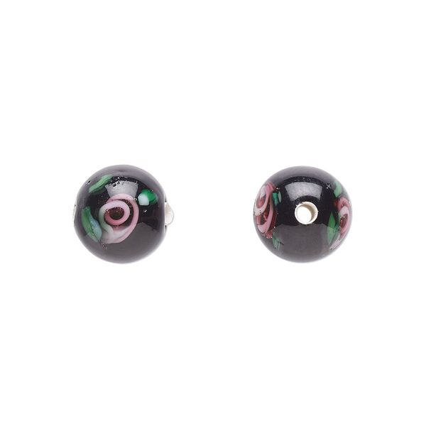 Bead, Czech lampworked glass, opaque black / green / pink, 8-9mm round with reverse-painted flowers. Sold per pkg of 6. image number 0