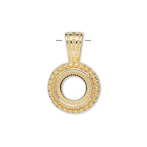 Pendant, gold-plated "pewter" (zinc-based alloy), 24x15.5mm round with rope design and 10mm round setting. Sold per pkg of 4.