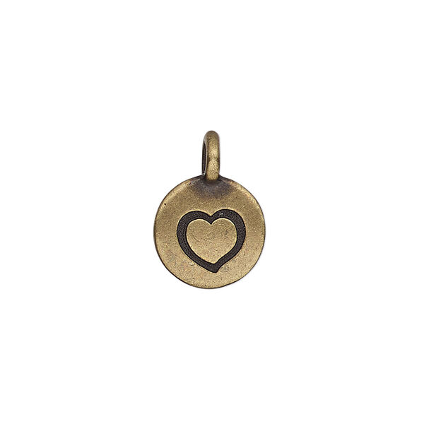 Drop, TierraCast®, antique brass-plated pewter (tin-based alloy), 11.5mm single-sided round with textured heart. Sold per pkg of 2. image number 0