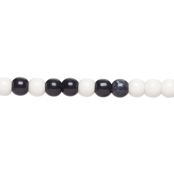 Bead, porcelain, opaque shiny black and white, 4mm round. Sold per 15-12" to 16" strand, approximately 90 to 100 beads. image number 0