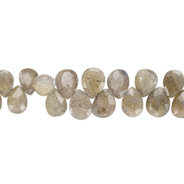 Bead, labradorite (natural), 6x5mm-7x5mm hand-cut top-drilled faceted puffed teardrop with 0.4-1.4mm hole, B grade, Mohs hardness 6 to 6-1/2. Sold per 7-inch strand. image number 0
