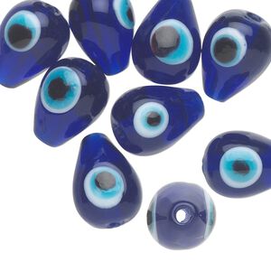 Bead, lampworked glass, opaque multicolored, 15x11mm double-sided teardrop with wards off the evil eye design. Sold per pkg of 10.