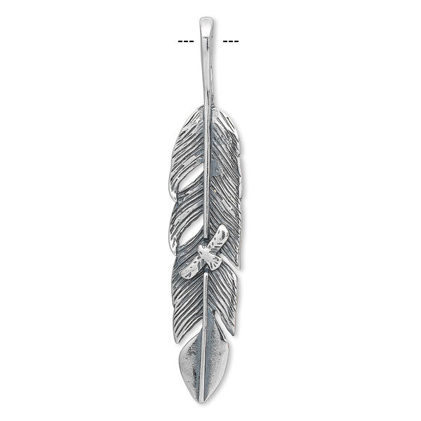 Pendant, antiqued sterling silver, 56x11mm double-sided feather with bird. Sold individually. image number 0