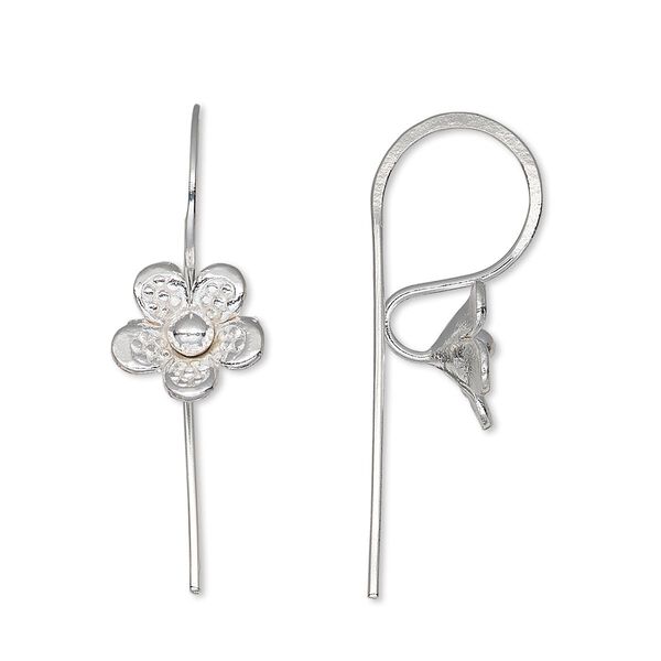 Ear wire, silver-plated brass, 21mm fishhook with flower and open loop, 20 gauge. Sold per pair. image number 0