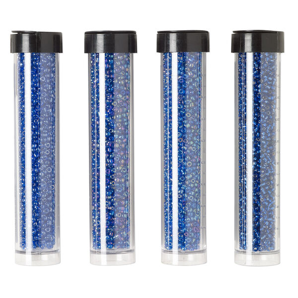 Seed bead assortment, Ming Tree™, glass, pkg/(4) 4 x 3/4 inch vials, #11 round, opaque and transparent silver-lined rainbow cobalt blue. image number 0
