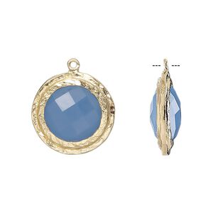 Drop, chalcedony (dyed) and gold-finished sterling silver, blue, 17mm double-sided faceted round with hammered edge. Sold individually.