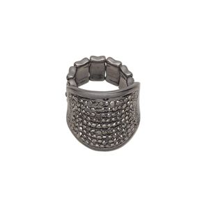 Ring, stretch, Everyday Jewelry, glass rhinestone / gunmetal-plated "pewter" (zinc-based alloy) / plastic, metallic black, 26.5mm wide, size 7-8. Sold individually.