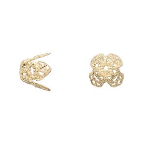 Bead cap, gold-plated brass, 11x10mm long filigree, fits 12-14mm bead. Sold per pkg of 10.