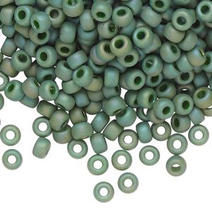 Seed bead, Miyuki, glass, pkg/250g, #6 rocaille, opaque matte rainbow basil green, (RR-4700).