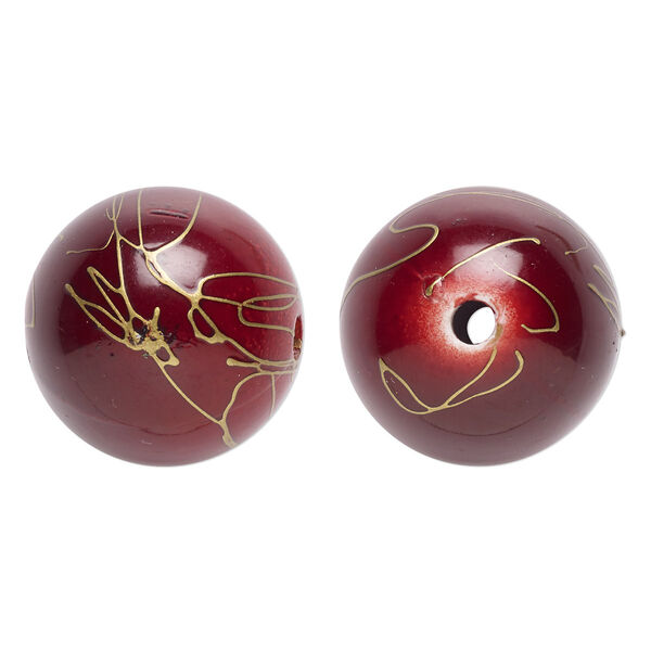 Bead, acrylic, red and gold, 26mm round with swirls. Sold per pkg of 10. image number 0