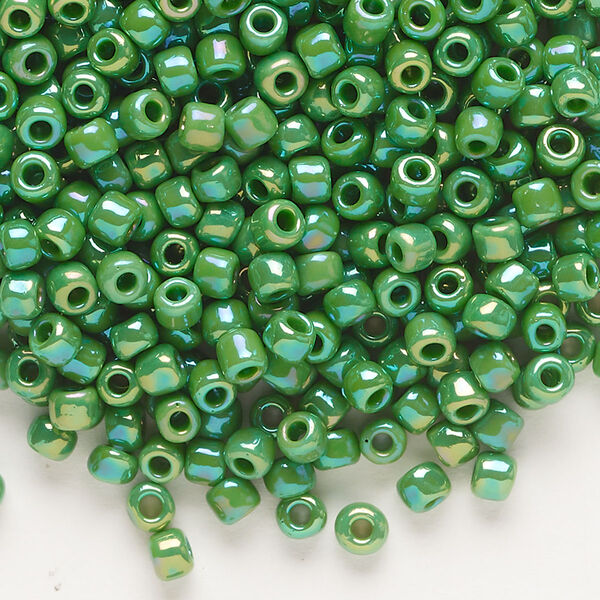 Seed bead, Dyna-Mites™, glass, opaque rainbow emerald green, #6 round. Sold per 40-gram pkg. image number 0
