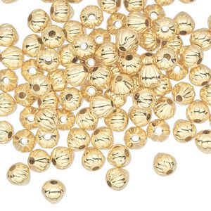 Bead, gold-plated brass, 5mm corrugated teardrop. Sold per pkg of 100.