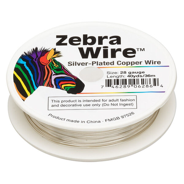 Wire, Zebra Wire™, silver-plated copper, round, 28 gauge. Sold per 40-yard spool. image number 0