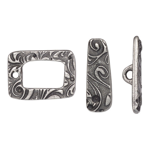Clasp, TierraCast®, "Vida Mas Dulce" collection, toggle, antiqued pewter (tin-based alloy), 20x15mm rectangle with jardin design. Sold individually. image number 0