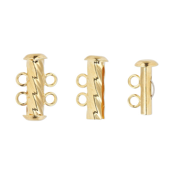 Clasp, 2-strand slide lock, gold-plated brass, 16x6mm corrugated round tube. Sold per pkg of 4. image number 0