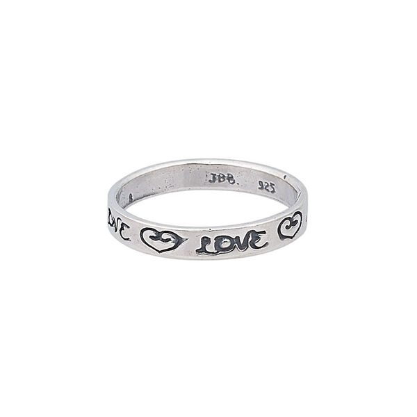 Ring, sterling silver, 3.5mm wide with "LOVE" and hearts design, size 8. Sold individually. image number 0