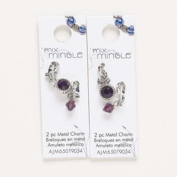 Drop, silver-finished "pewter" (zinc-based alloy) / steel / glass, dark purple, 22x7mm single-sided and 24x9mm single-sided with lobster claw clasp. Sold per pkg of (2) 2-piece sets. image number 0