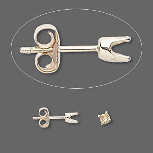 Earstud 1pkg2 Sure-Set™ 14Kt gold, 3mm round pre-notched 4-prong setting / earnuts, 1 pair