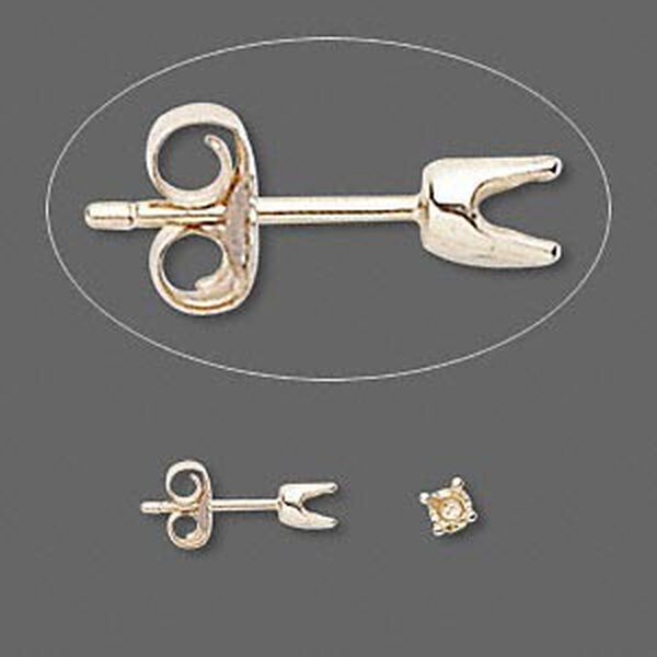 Earstud, Sure-Set™, 14Kt gold, 3mm 4-prong round setting. Sold per pair. image number 0