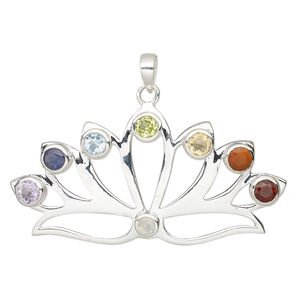 Pendant, multi-gemstone (natural / dyed / heated / irradiated) and sterling silver, 48x24.5mm single-sided lotus. Sold individually.
