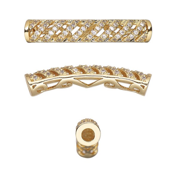 Bead, cubic zirconia and gold-finished brass, clear, 31x6mm curved tube with fancy cutout design. Sold individually. image number 0
