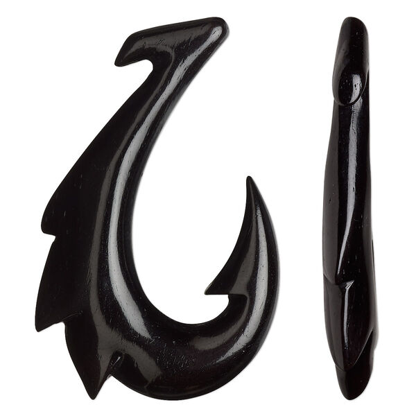 Focal, bone (dyed), black, 45x29mm hand-carved undrilled single-sided hook, Mohs hardness 2-1/2. Sold individually. image number 0