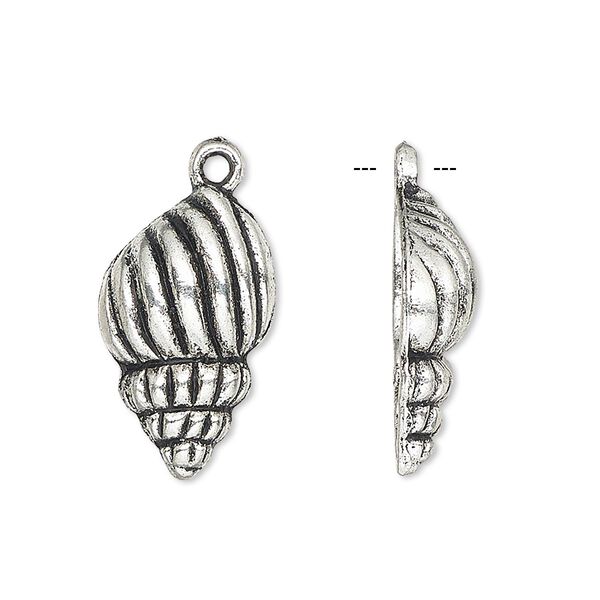 Charm, antique silver-plated "pewter" (zinc-based alloy), 22x13mm single-sided seashell. Sold per pkg of 4. image number 0