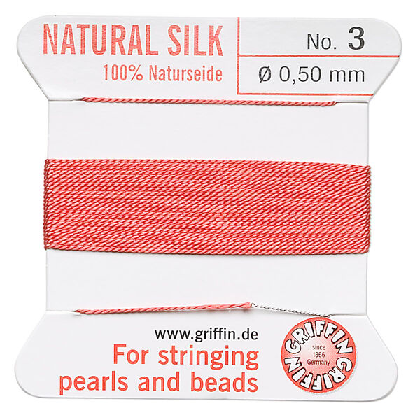 Thread, Griffin, silk, coral, size #3. Sold per 2-meter card (approximately 78 inches). image number 0