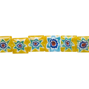 Bead, millefiori glass, translucent yellow and multicolored, 7mm-9x8mm puffed square with sunburst and flower design. Sold per 14-inch strand.