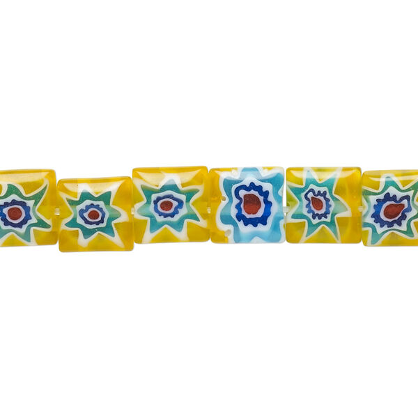 Bead, millefiori glass, translucent yellow and multicolored, 7mm-9x8mm puffed square with sunburst and flower design. Sold per 14-inch strand. image number 0
