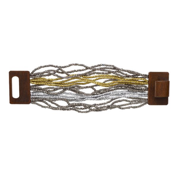 Bracelet, stretch multi-strand, glass and stained wood, gold / silver / grey, 46mm wide, 7 inches with hook-and-eye clasp. Sold individually. image number 0