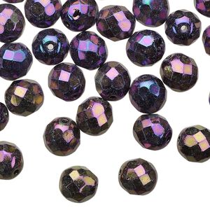 Bead 1pkg50 Czech fire-polished glass, 8mm faceted round, opaque iris purple