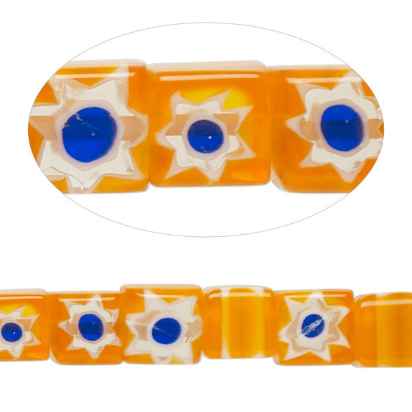 Bead, millefiori glass, translucent orange / cobalt blue / white, 7-9mm cube with stripe and flower design. Sold per 14-inch strand. image number 0