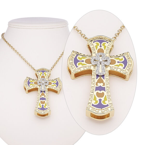 Necklace, Avant-Garde Jewelry Collection, enamel / Czech glass rhinestone / gold-plated steel / "pewter" (zinc-based alloy), multicolored, 3-1/4 x 2-1/2 inch cross, 30-inch continuous loop. Sold individually. image number 0