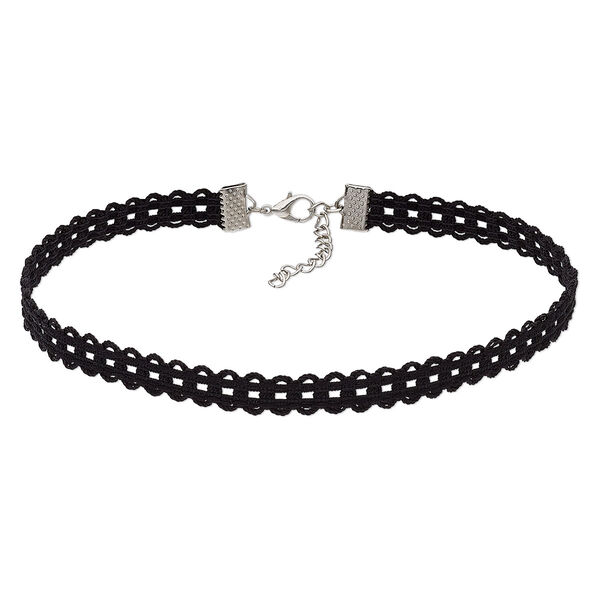 Necklace, choker, nylon and imitation rhodium-finished steel, black, 9mm wide, 12-1/2 inches with 2-inch extender chain and lobster claw clasp. Sold per pkg of 2. image number 0