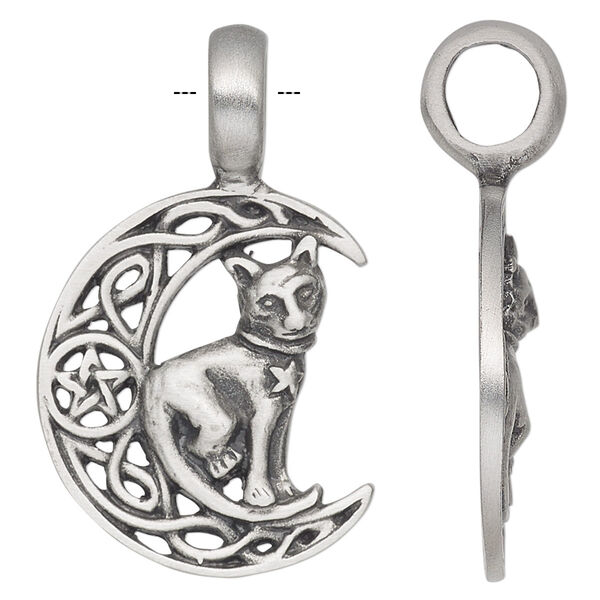 Pendant, Powerful Pewter Pendants, antiqued pewter (tin-based alloy), 41x25mm single-sided moon with cat. Sold individually. image number 0