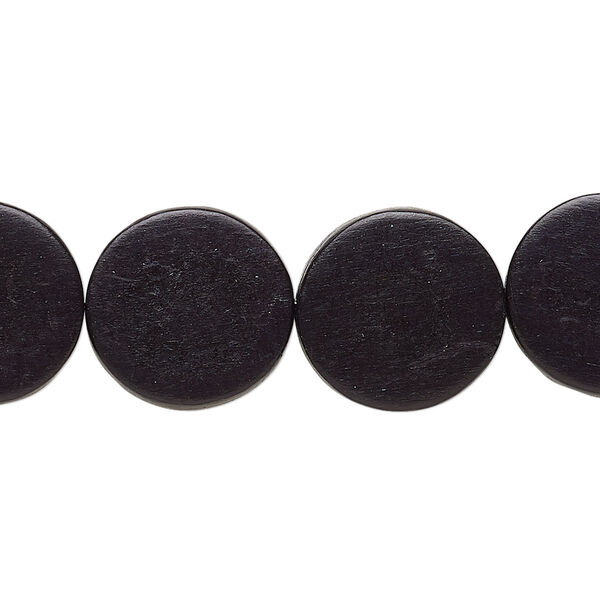 Bead, wood (dyed / waxed), black, 15mm flat round. Sold per 15-1/2" to 16" strand. image number 0