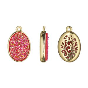 Drop, Druzylite™, "druzy" (resin) and gold-finished brass, hot pink, 15.5x11.5mm two-sided oval with open filigree back. Sold per pkg of 4.