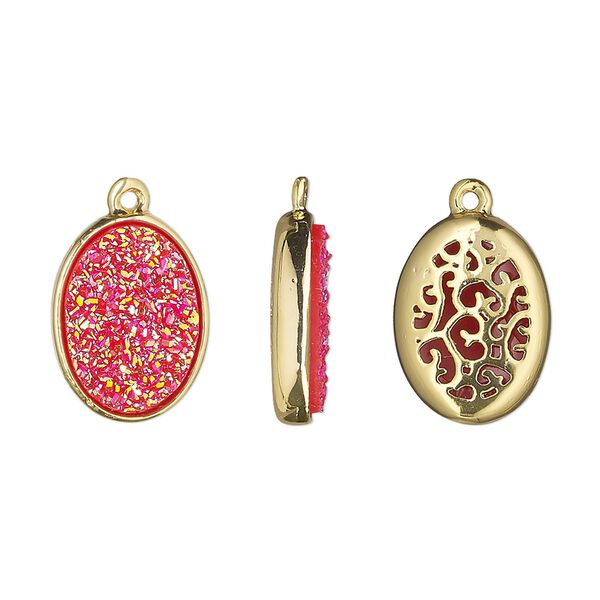 Drop, Druzylite™, "druzy" (resin) and gold-finished brass, hot pink, 15.5x11.5mm two-sided oval with open filigree back. Sold per pkg of 4. image number 0