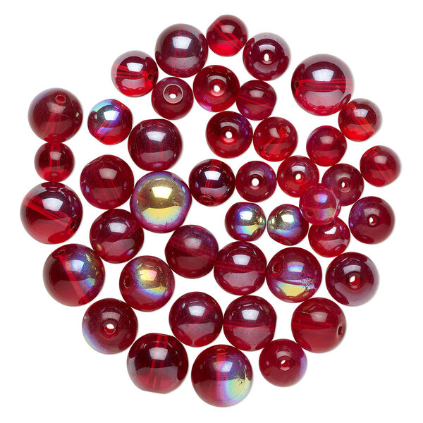 Bead mix, glass, pkg/6 ounce, luster translucent red AB, 12-18mm round. image number 0