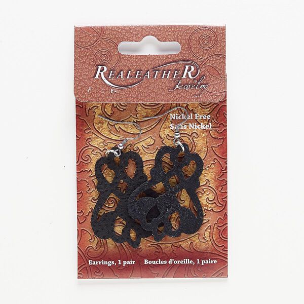 Earring, suede and silver-finished "pewter" (zinc-based alloy), black, 2-1/2 to 2-3/4 inches with cutout design. Sold per pair. image number 0