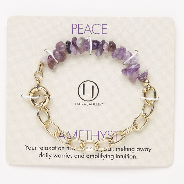 Bracelet, steel / brass / amethyst (natural), pkg/1, 6 inches with springring clasp, gold finish. image number 0