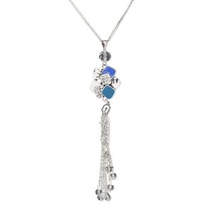 Necklace, glass rhinestone / enamel / glass / silver-plated steel / "pewter" (zinc-based alloy), multicolored, 5-inch dangle with freeform, 32 inches with 2-inch extender chain and lobster claw clasp. Sold individually.